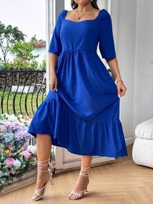 SHEIN Franclia Plus Size Sweetheart Neckline Dress With Ruffle Hem, No Waist Chain Included - Blue - View 5