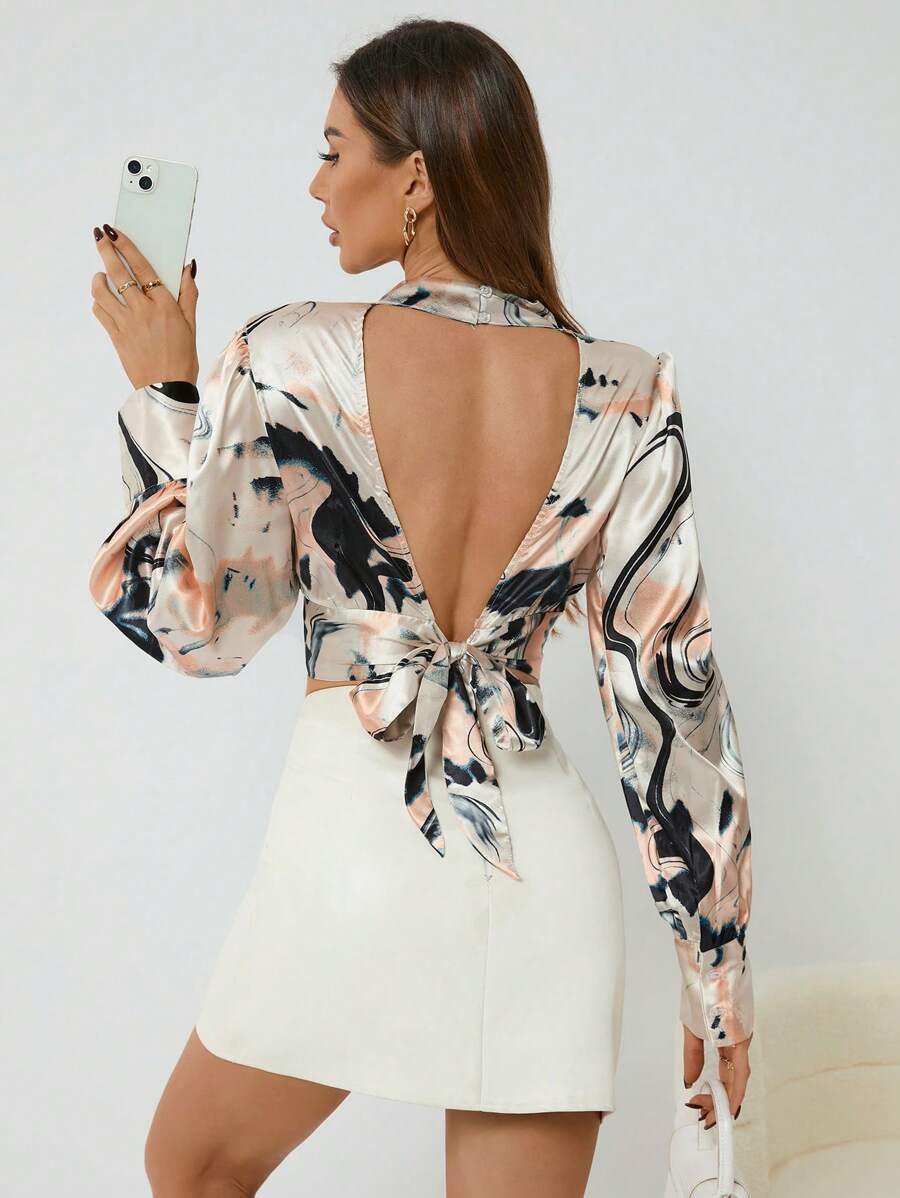 SHEIN Privé Random Printed & Hollow Out Chest Women's Shirt - Multicolor - View 1