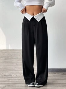 SHEIN EZwear 撞色收腰长裤 - 黑色 - 查看 6