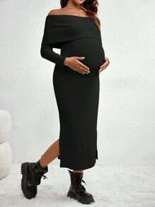 SHEIN Off Shoulder Slit Side Maternity Dress - Black - View 3