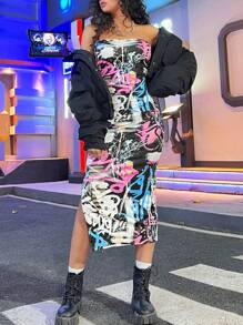 SHEIN Coolane 女用塗鴉印花無肩帶側開衩洋裝 - 黑色 - 查看 1