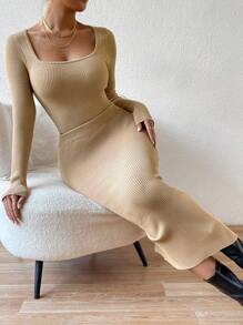 Chiquease 方領長袖修身毛衣和針織裙兩件套裝 - 卡其色 - 查看 6