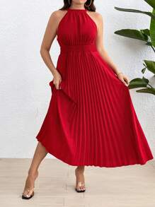 Flirla Plus Size damska sukienka typu halter z falbaniastym dołem na ubrania noworoczne Maxi strój damski - Czerwony - Zobacz 3