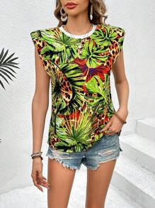 SHEIN VCAY Tropical Printed Padded Shoulder T-Shirt - Multicolor - View 3