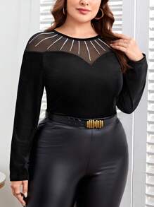 SHEIN Clasi 大尺寸網布拼接長袖上衣 - 黑色 - 查看 5