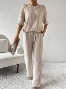 SHEIN Unity 女士肋紋圓領t恤和長褲套裝 - 杏色 - 查看 6