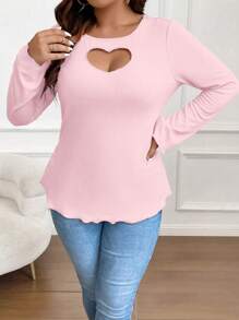 SHEIN Franclia 大尺碼心形剪裁細節緞縮針織t恤 - 粉色 - 查看 3