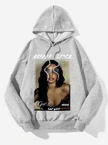 SHEIN EZwear 女士連帽衛衣,印有人物和字母印花,附帶拉繩 - 淺灰色 - 查看 1