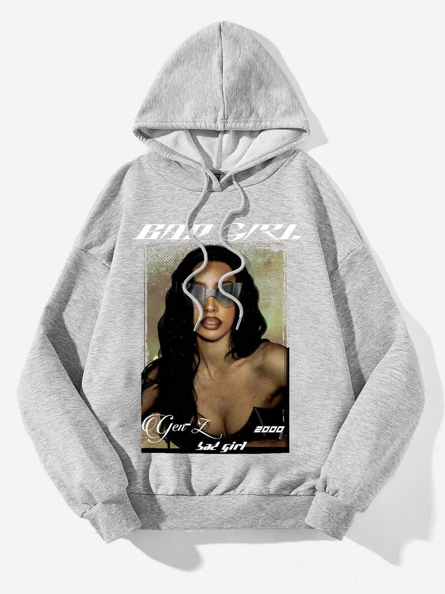 SHEIN EZwear 女士連帽衛衣,印有人物和字母印花,附帶拉繩 - 淺灰色 - 查看 1