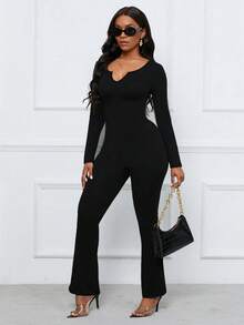 SHEIN Unity Solid Color Slim Fit Jumpsuit With Notched Collar And Flared Bottom - Black - View 4
