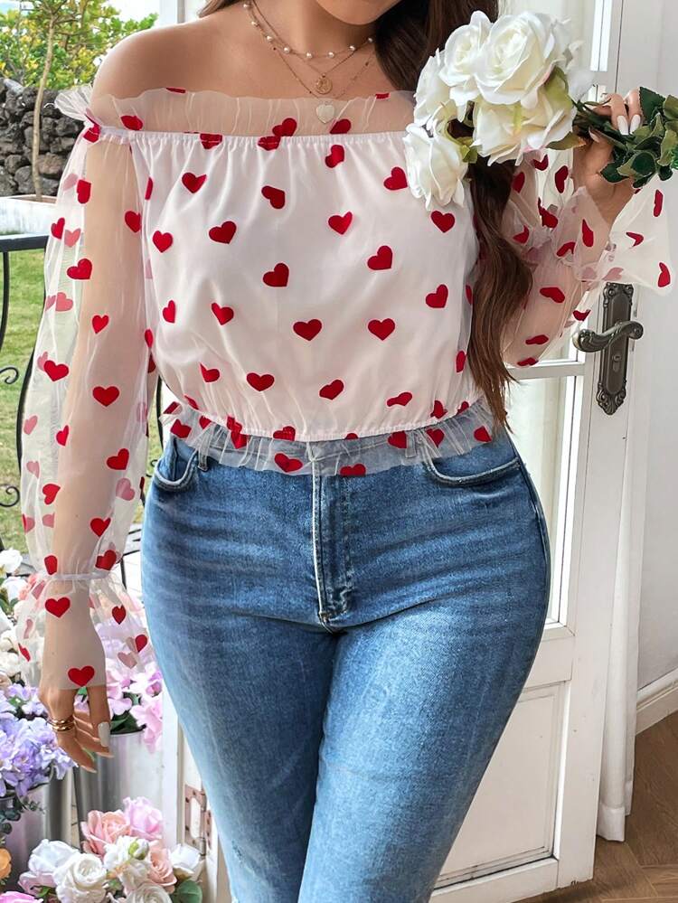 Plus Size Women's Flocked Heart Off Shoulder See-Through Mesh Long Sleeve Blouse, Valentine's Day Fall Cloth For Women
