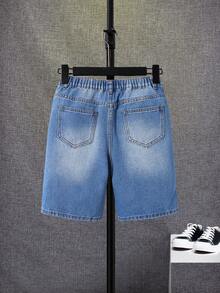 SHEIN Quần short denim ống đứng rách tua rua màu xanh nhạt cho bé trai tuổi teen, mùa hè. - Rửa nhẹ - Xem 2