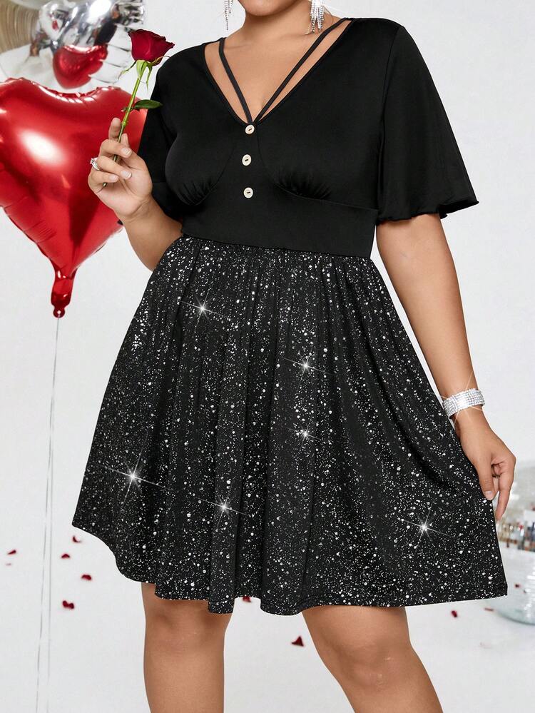 Plus Size Women's V-Neck Glittery Hemline Dress
