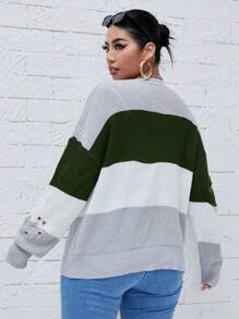 Calvaya Women's Plus Size Color Block Distressed Round Neck Sweater Knit Pullover Fall Winter - Multicolor - View 2