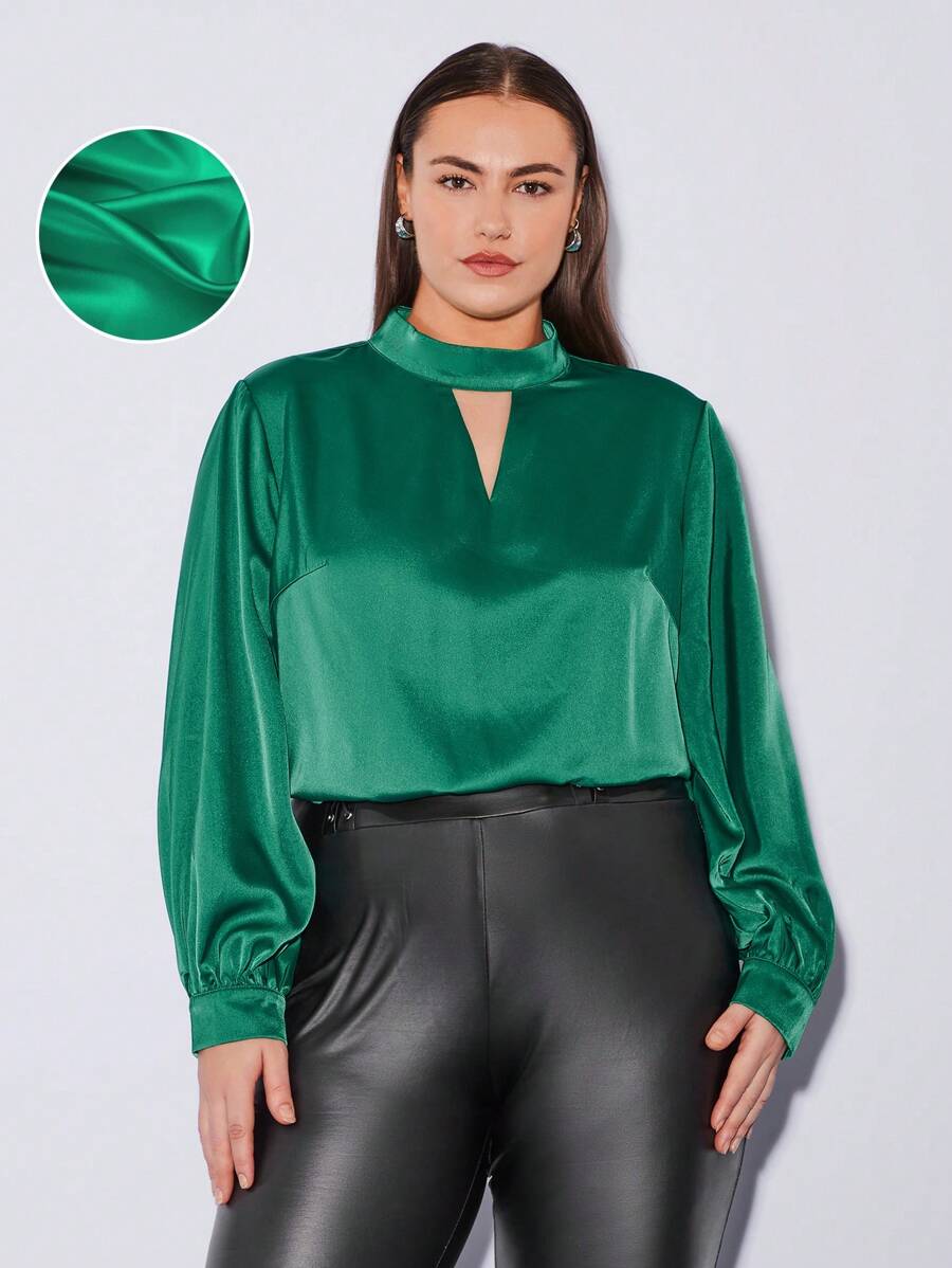 BizChic Women's Plus-size Solid Color Turn-down Collar Casual Shirt With Keyhole Neckline - Green - View 1