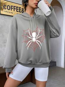 SHEIN EZwear Women'S Spider Web Print Drawstring Hoodie - Grey - View 4