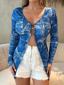 SHEIN SXY Jaqueta Efeito Denim Feminina Primavera Verão Mulheres Festa de Despedida de Solteira Férias da Primavera Dia dos Namorados Tecido Metálico Sexy - Azul - Visão 6