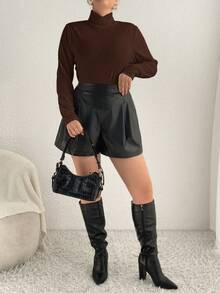 SHEIN Essnce 女裝加大號長袖立領t恤 - 咖啡棕 - 查看 5