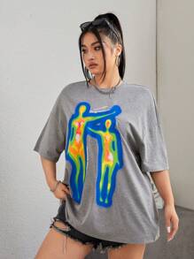 SHEIN EZwear Kích thước lớn Nam In thư Áo thun Với Đổi màu nóng Đồ họa - Xám - Xem 3