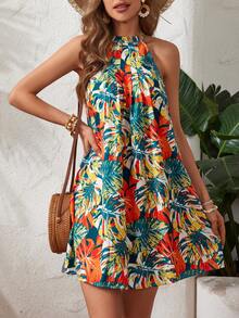 SHEIN VCAY Nhiệt đới In hoa Halter Neck Đầm - Nhiều màu - Xem 2