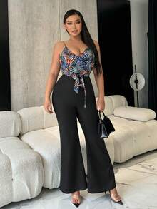 SHEIN SXY 女性的熱帶印花拼接露背連身褲 - 黑色 - 查看 5