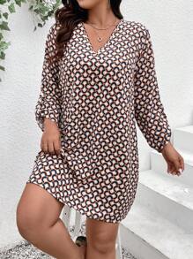 加大碼女士印花荷葉袖裙 - 卡其色 - 查看 4