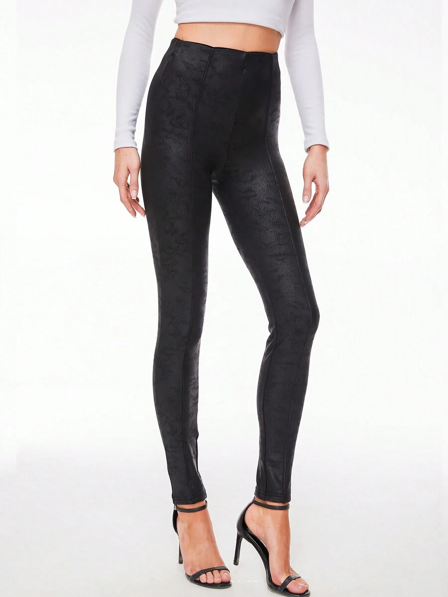 Chất rắn chất liệu da PU Quần bó sát - màu đen - Xem 1