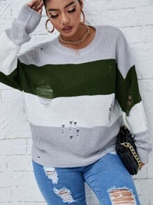 Calvaya Women's Plus Size Color Block Distressed Round Neck Sweater Knit Pullover Fall Winter - Multicolor - View 1