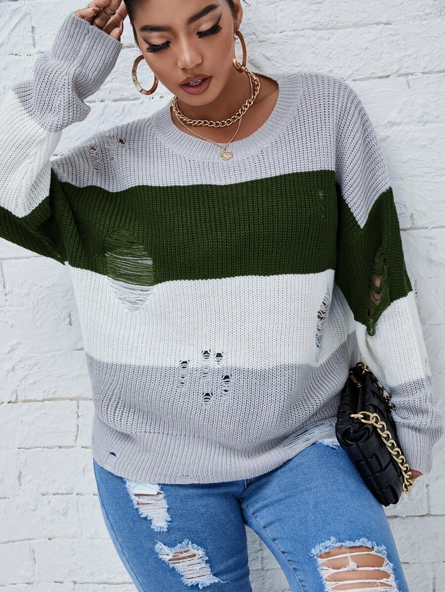 Calvaya Women's Plus Size Color Block Distressed Round Neck Sweater Knit Pullover Fall Winter - Multicolor - View 1