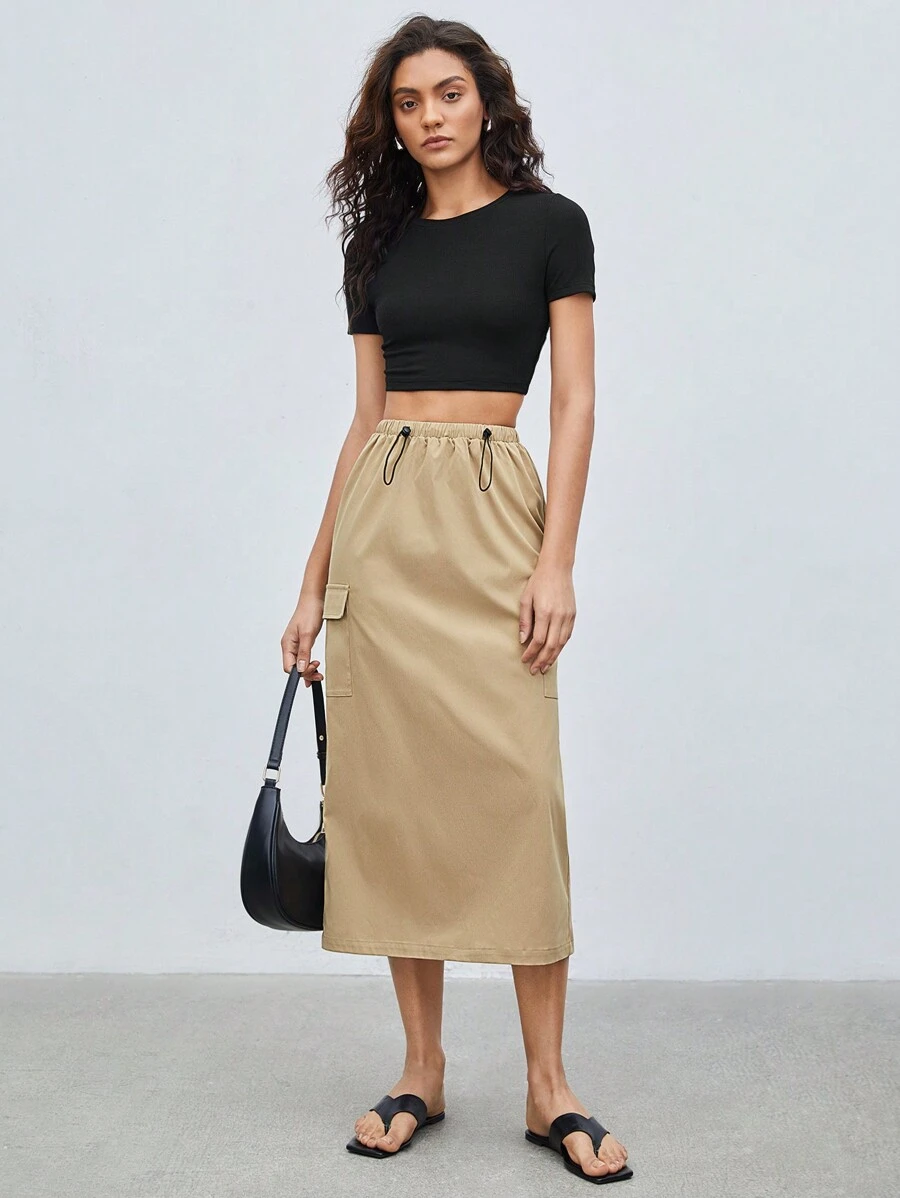 BizChic 女士純色t恤和裙子套裝,休閒風格 - 黑色 - 查看 1