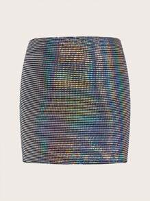 SHEIN ICON 女士側開叉裙,鑽石裝飾 - 黑色 - 查看 2