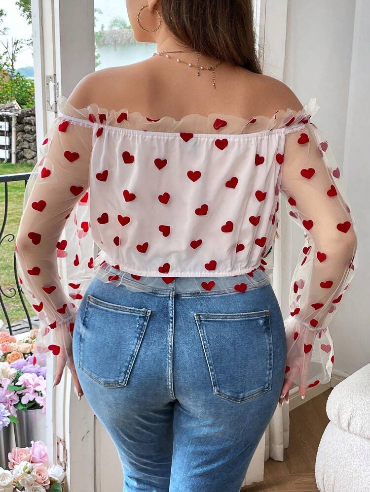 Plus Size Women's Flocked Heart Off Shoulder See-Through Mesh Long Sleeve Blouse, Valentine's Day Fall Cloth For Women