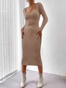 EURMUSE Sweetheart Neck Raglan Sleeve Bodycon Sweater Dress - Khaki - View 3