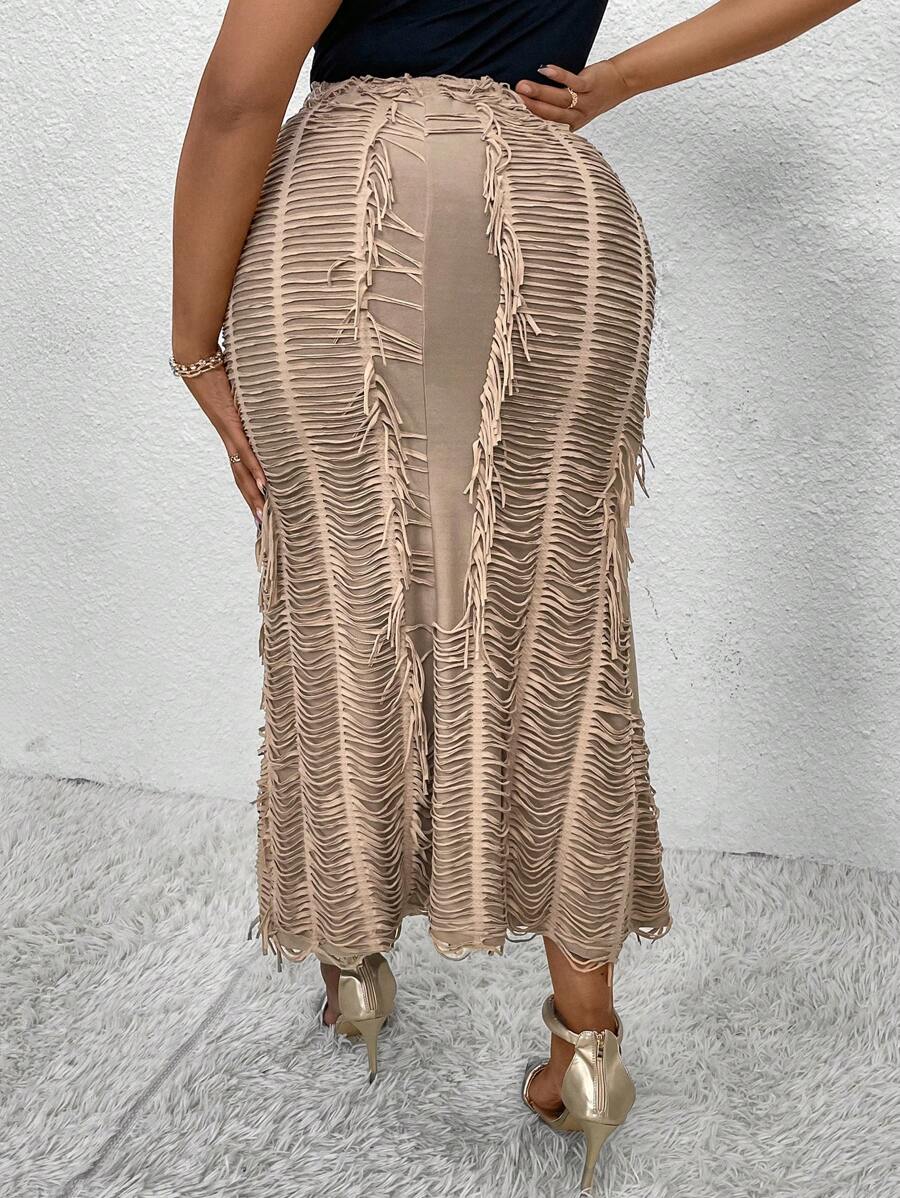 Flirla 女式休閒與辦公室修身人魚細節裙 - 卡其色 - 查看 1