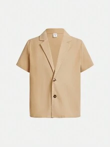 男童寬鬆披肩領短袖梭織西裝外套與短褲套裝 - 卡其色 - 查看 3