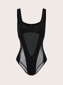 SHEIN ICON Mesh Splicing Bodysuit - Black - View 2