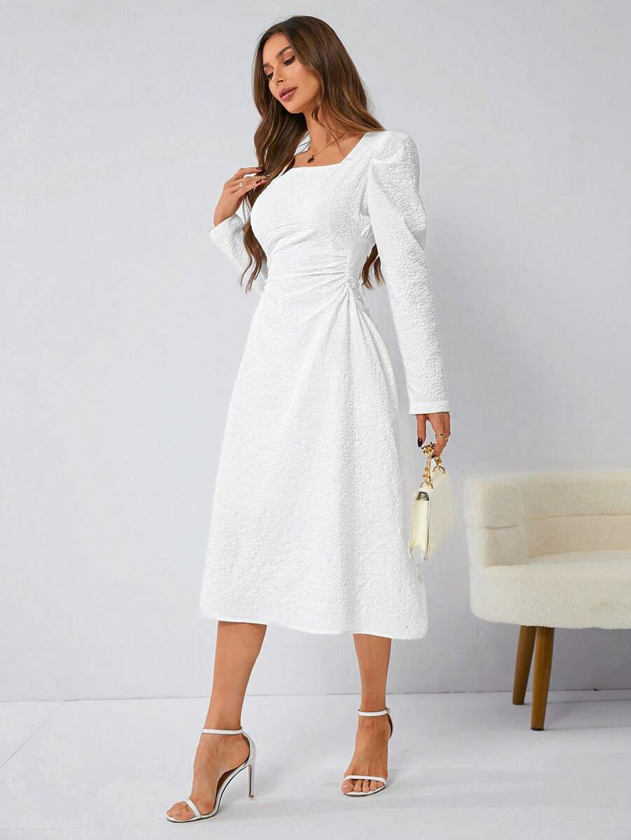 GENKIRA Của phụ nữ Cổ vuông Ống tay áo Dệt hoa Đầm - trắng - Xem 1