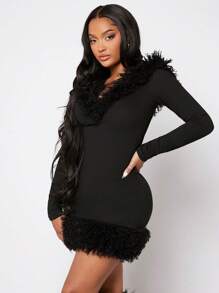 SHEIN SXY Women'S Hooded Patchwork Long Sleeve Dress - Black - View 5