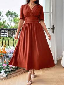 Franclia Plus Size Solid Color Cinching Waist Split Side Dress Maxi Women Outfit