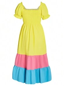 SHEIN 1pc Girls' Color-Blocked Puff Sleeve Dress For Spring/Summer - Yellow - View 4