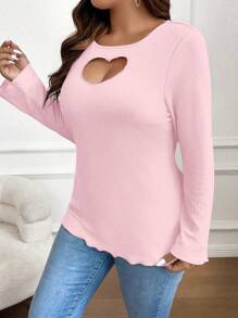 SHEIN Franclia 大尺碼心形剪裁細節緞縮針織t恤 - 粉色 - 查看 6