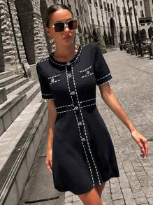 Knit Mix Crew Neck Waisted Sweater Dress (Pattern Randomly Assorted) - Black - View 7
