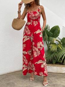 SHEIN VCAY 女士熱帶植物印花細肩帶連體褲 - 紅色 - 查看 1