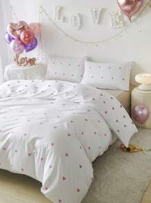 3Pcs/Set White Pink Heart Shaped Love Pattern Print Duvet Cover Set Without Filler Breathable Supersoft All-Season (1pc*Duvet Cover + 2pcs*Pillowcase, No Pillow Core), Soft Two Tone Design Bedding Set For Ideal For Bedroom, Guest Room, Dormitory, 1pc Duvet Cover With 2pcs Pillowcase (Without Filler)Machine Washable King Queen Full Twin Size Domitory Bedding Back School Bedding - White - View 2