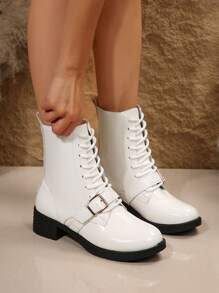 女性新款時尚光澤系帶靴,純白色短靴和踝靴適用於全年四季