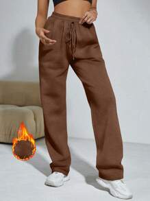 SHEIN Unity 女用抽繩腰抓絨慢跑褲 - 棕色 - 查看 1