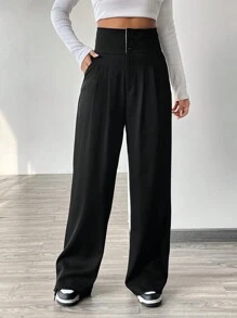 SHEIN EZwear 撞色收腰长裤 - 黑色 - 查看 4
