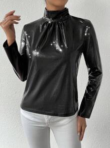 Chiquease 女士立領 Pu 皮革上衣 - 黑色 - 查看 6