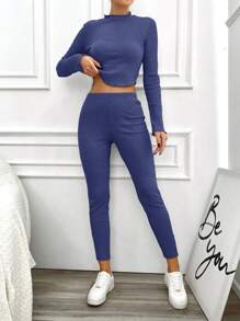 RueChic 女式立領羅紋長袖t卹+褲子2件/套 - 藍色 - 查看 4