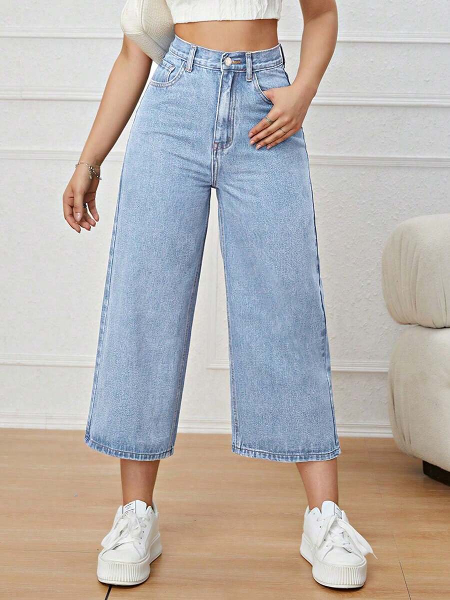 女式闊腿牛仔褲 - 淺色水洗藍 - 查看 1